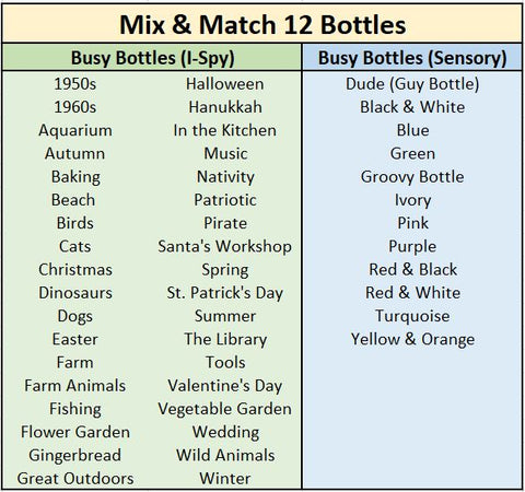 Busy Bottles - Mix and Match - Set of 12 Sensory Bottles (Buttons, Beads & Baubles or I-Spy )