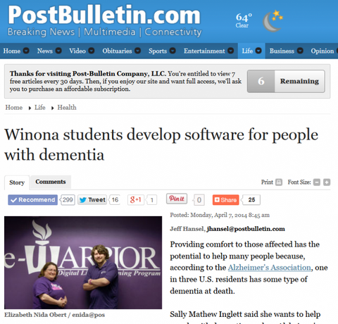 4/7/14 - Winona Post Bulletin, "Winona students develop software for people with demetia"