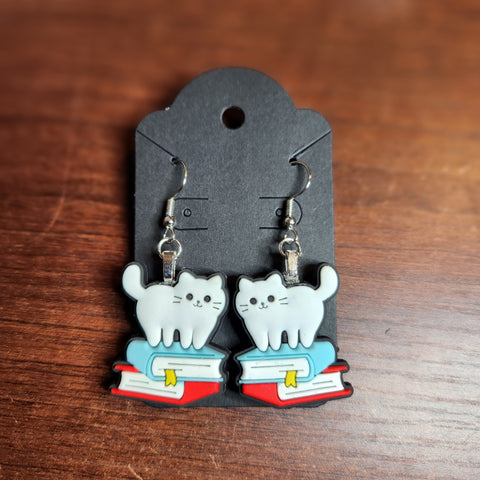 Cat on Book Stack Earrings (Hook Dangle)