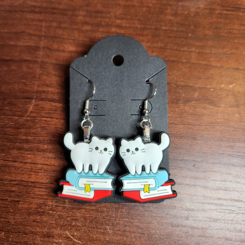 Cat on Book Stack Earrings (Hook Dangle)