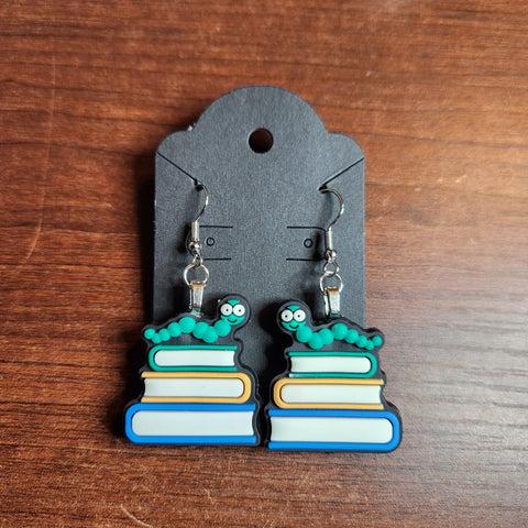 Book Worm on Book Stack Earrings (Hook Dangle)