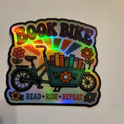 Book Bike Holographic Die Cut Sticker