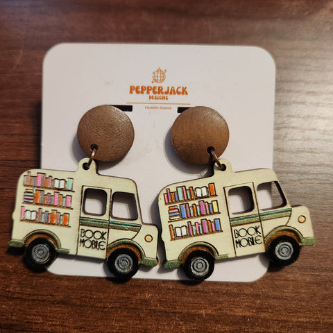 Wooden Bookmobile Earrings - Hand Painted