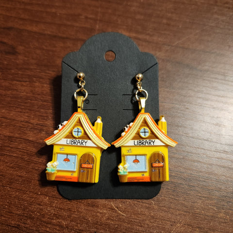 Library Building Earrings (Post Dangle) Gold tone