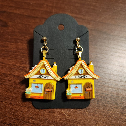 Library Building Earrings (Post Dangle) Gold tone