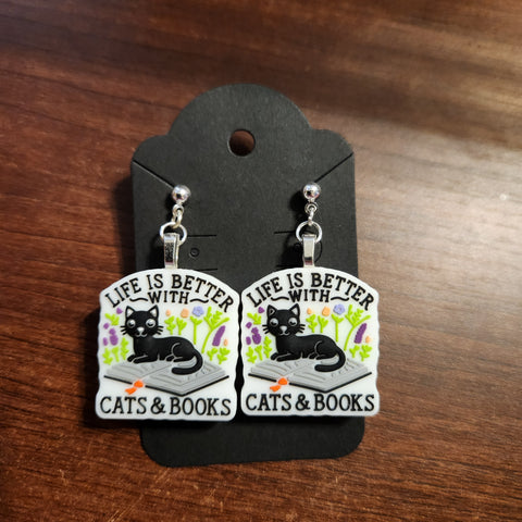Life is Better with Cats & Books Earrings (Post dangle)