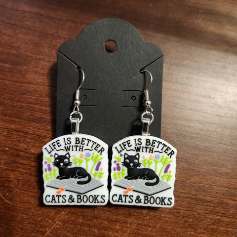 Life is Better with Cats & Books Earrings (Hook)