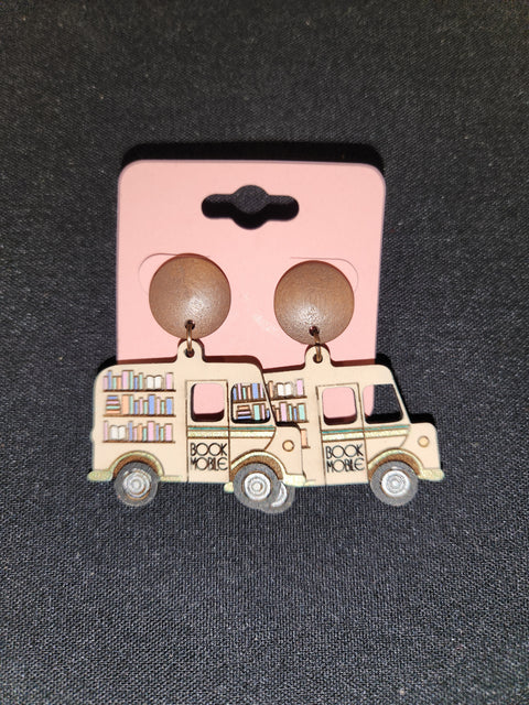 Wooden Bookmobile Earrings - Hand Painted