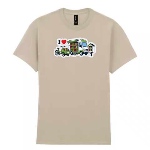 I Heart Outreach with Bookmobile, Book Bike, Little Library Gildan Cotton T-Shirt