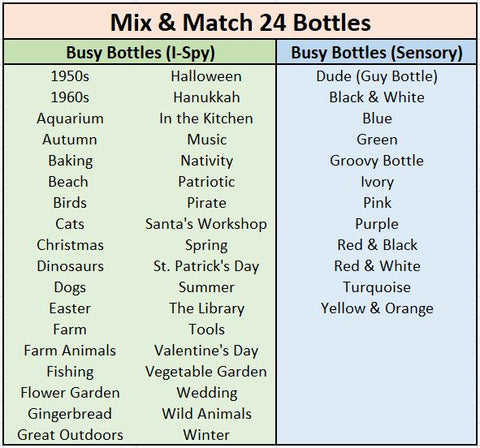 Busy Bottles - Mix and Match - Set of 24 Sensory Bottles (Buttons, Beads & Baubles or I-Spy )